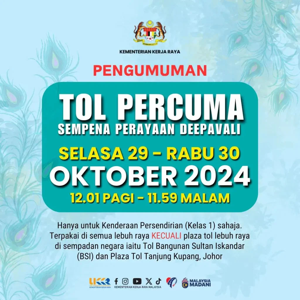 Tarikh Mula Tol Free Deepavali 2024